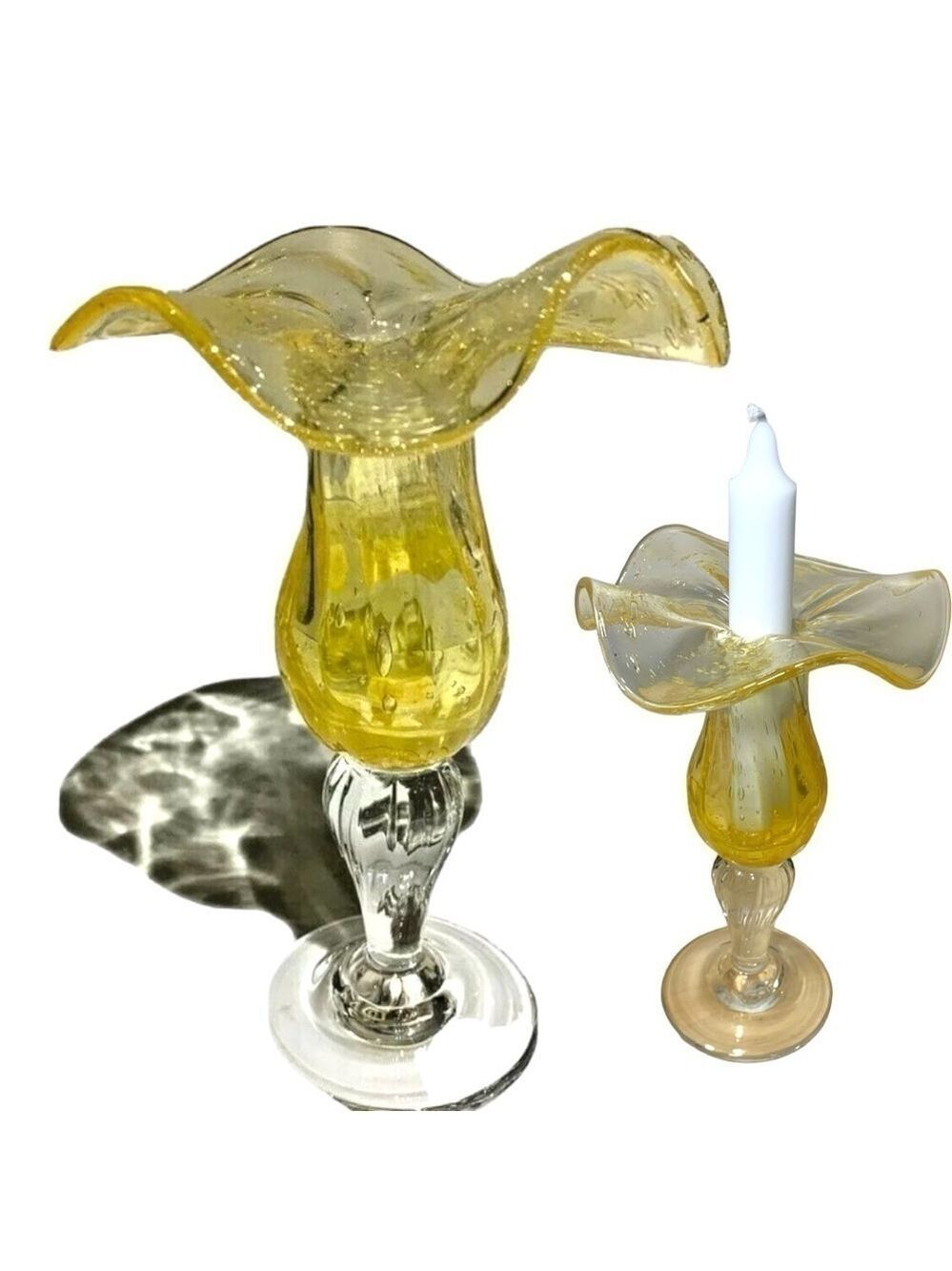 VTG Saba Bio French Art Glass Candlestick 7" Bubble Clear Yellow Open Flower 7"